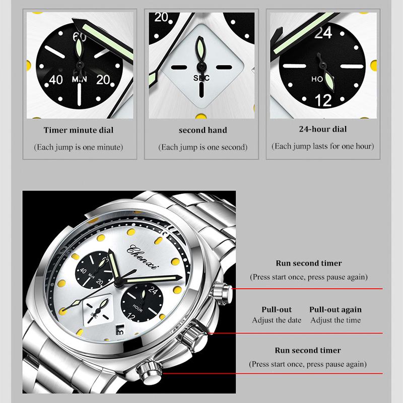 Mens Watch Square Dial Fashion Quartz Wrist Watches Multifunctional Chronograph Waterproof Luminous Gifts Box