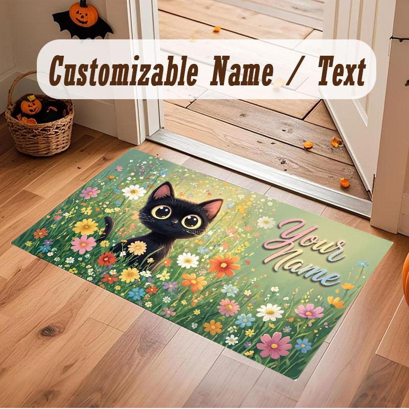 Cat Theme Crystal Velvet Floor Rug Personalized Custom Name Text Warm Carpet Home Decoration