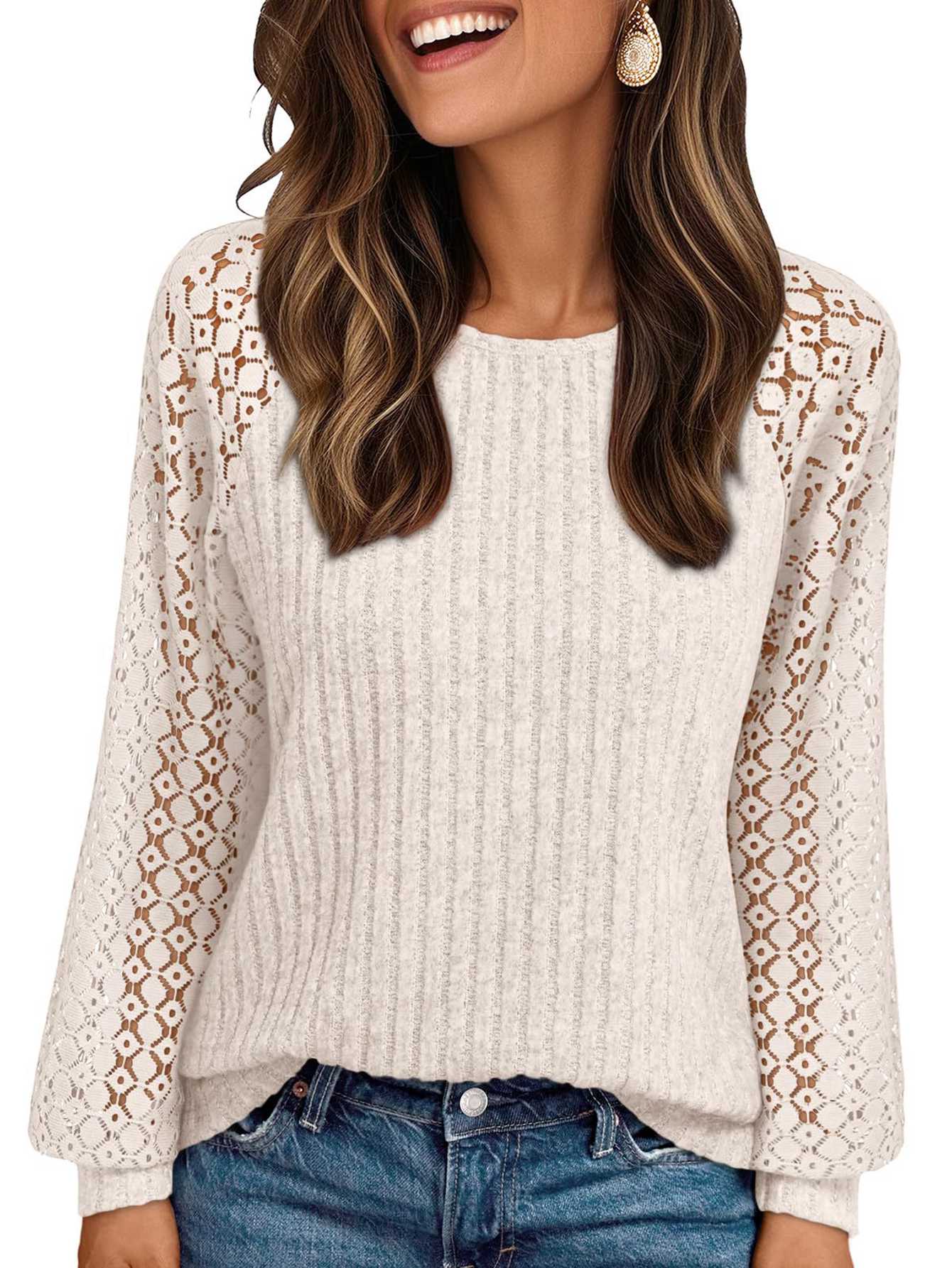 

Women s Sleeve Hollow Out Round Neck Knit Top Long-Sleeve Sweater L