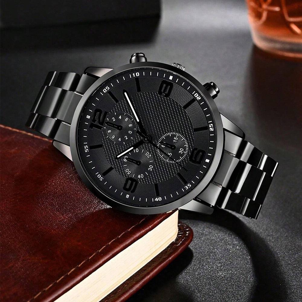 4PCS Business Men's Gift Box Watch Set Fashion Trend Quartz Watch Bracelet Necklace Ring Set Perfect Gift Set for Friends or Dad