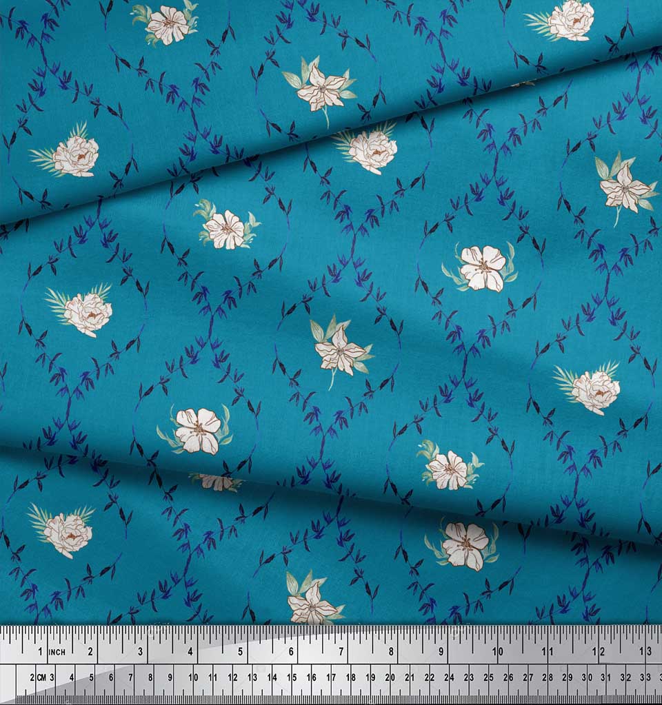 Soimoi Blue Poly Crepe Fabric Azalea & Peony Damask Print Fabric by the metre 42 Inch
