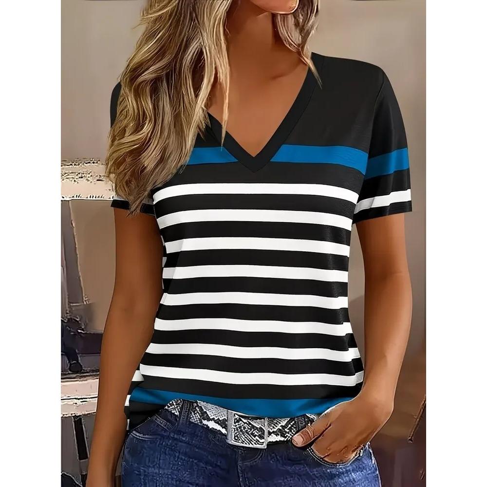 Fashion Retro Stripes 3D Personality Printed Summer T-shirt Women's Loose Comfortable Soft Breathable V-neck Short Sleeved T-shirt