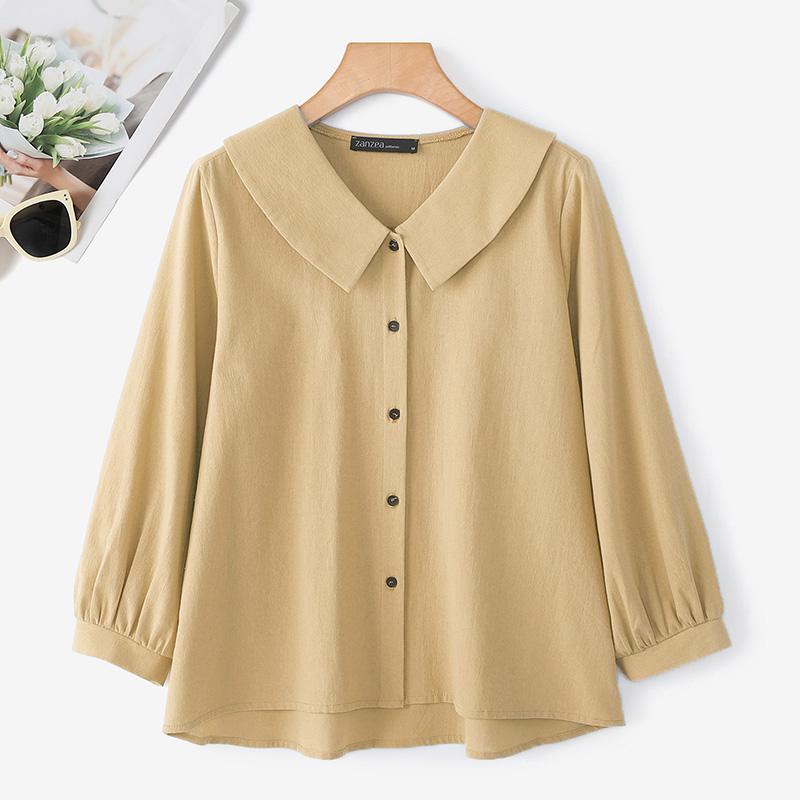 ZANZEA Women Turn Down Collar Loose Casual Long Sleeve Plain Blouse