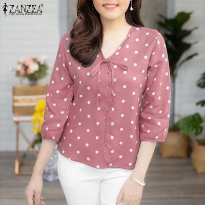 Women Summer V-Neck 3/4 Sleeve Polka Dot Print Shirts