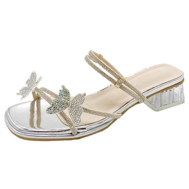 Cool slippers two wearing style summer thick heel transparent women's new bow sandals outside wearing fairy fashion