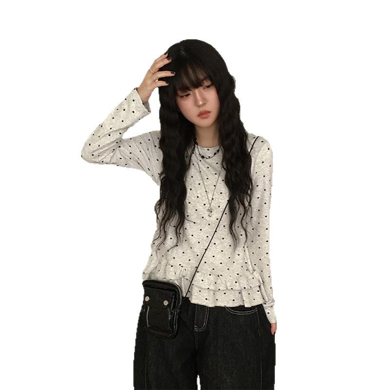 Women's Autumn Ribbed Velour Polka Dot Ruffle Hem Top