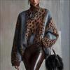 Two-Tone Round Neck Sweater with Leopard Print