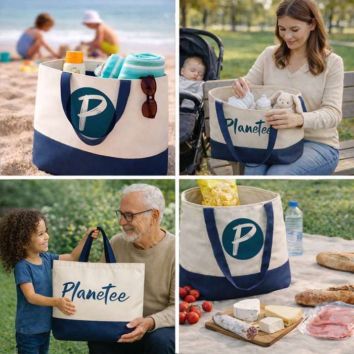 Tote bag - PLANETEE - Merci Marcheuse - fond bleu - coton - 40x45 cm
