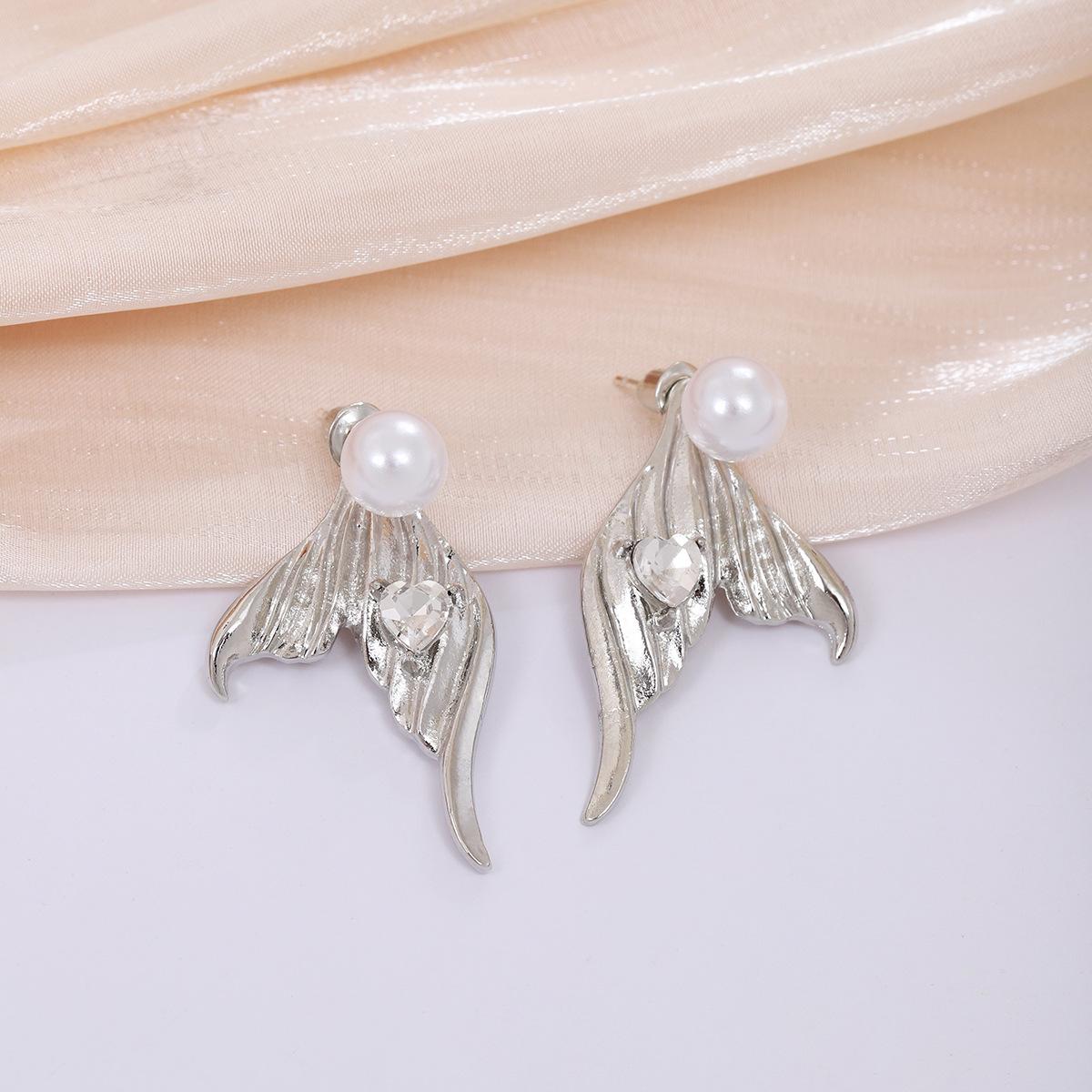 

Серьги-пусеты в корейском стиле из серебряной иглы, роскошные, в форме рыбьего хвоста, сердца и жемчуга - съемные, двусторонний дизайн.