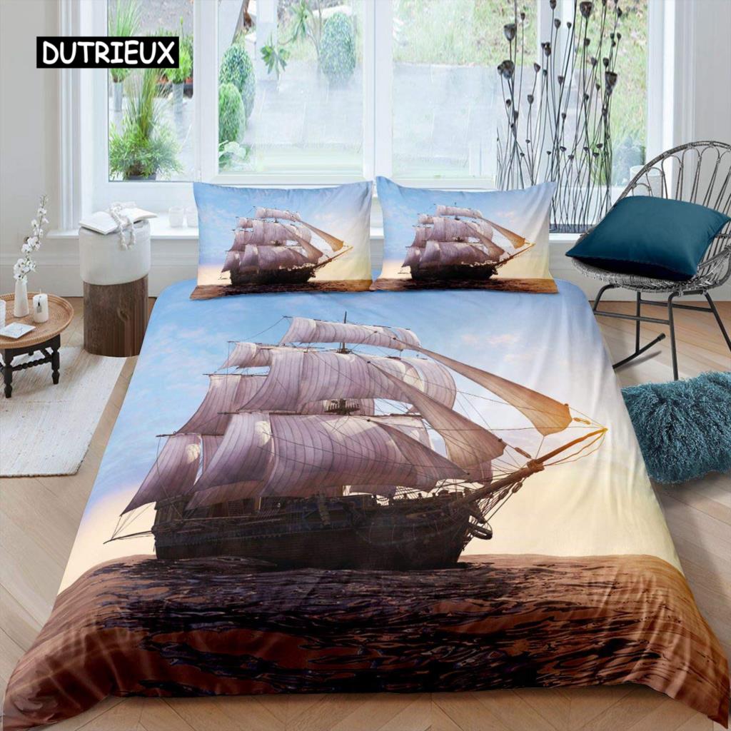 

Комплект постельного белья с изображением парусника из микрофибры с морским декором Queen Retro Pirate Sailboat, комплект постельного белья с рисунком «закат на море» EU single(135x200cm)