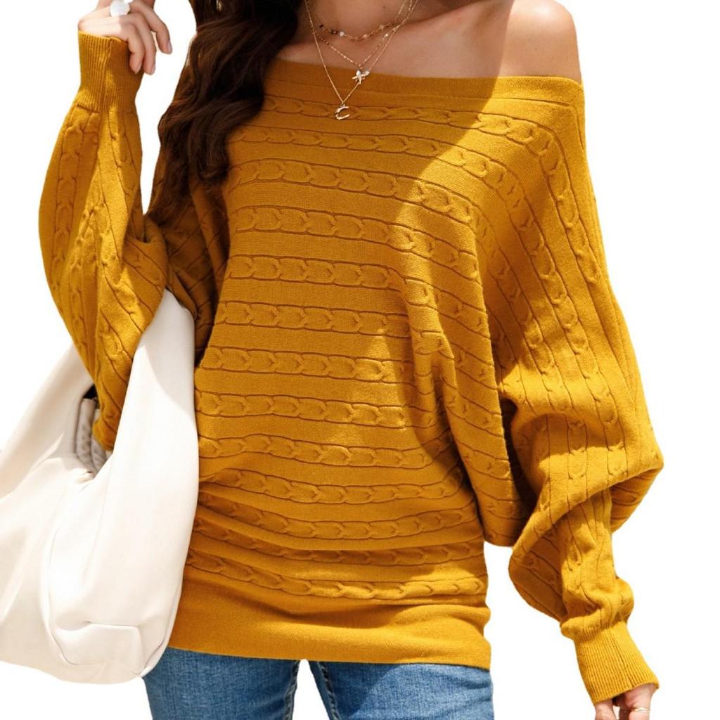 Autumn Winter Women's Plus Size One-Shoulder Cable Knit Batwing Sweater Pullover