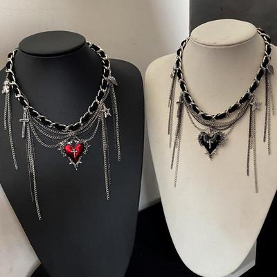 Stylish Red Heart-Star Leather Necklace with Tassel