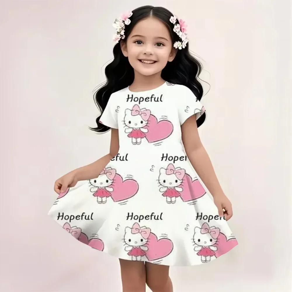2025 Summer Girls Dress Fashion Cartoon Cute Cinnamoroll &Hello Kitty 3D Printing Dresses Kids Short Sleeve Princess Clothing