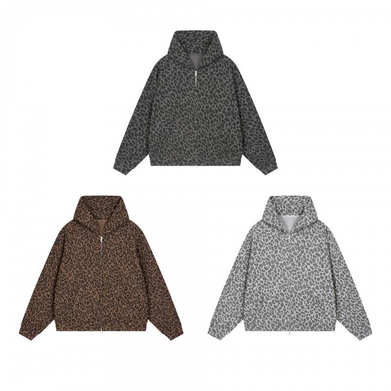 Oversized Hooded Zip-Up Sweatshirt With Leopard Print Waffle Texture Streetwear Women Men Winter