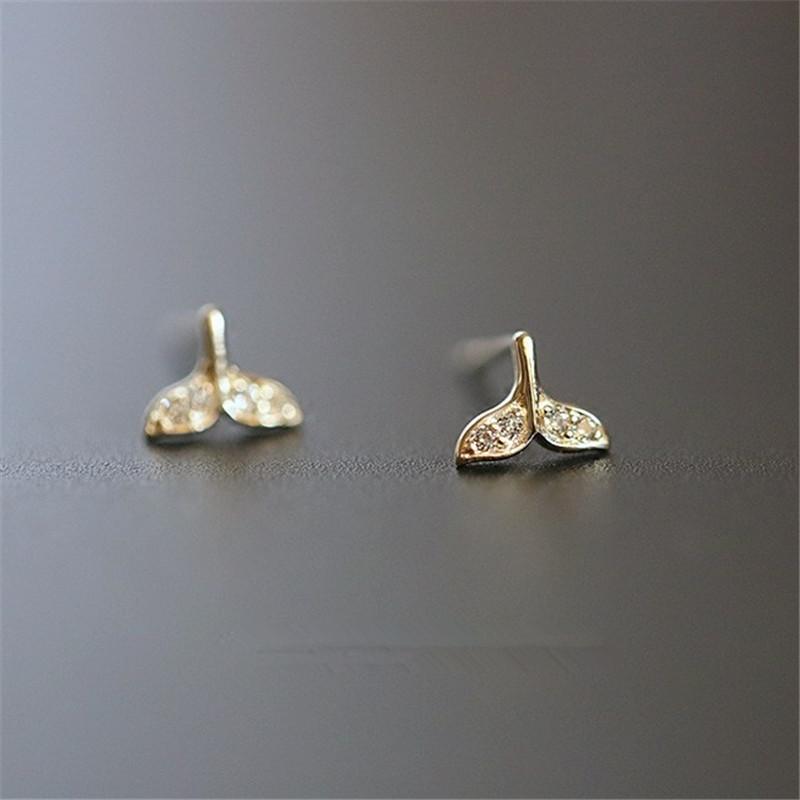 

925 Sterling Silver French Simple Whale Tail Stud earrings Women 14k Gold Plating Crystal Sweet Romantic Birthday Jewelry Gift Silver