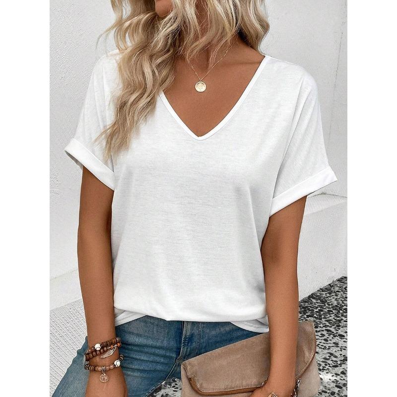 Camiseta Casual para Mujer con Estampado de Rayas Manga Corta Tops Regular Cuello en V Diaria Blanco y Negro Verano