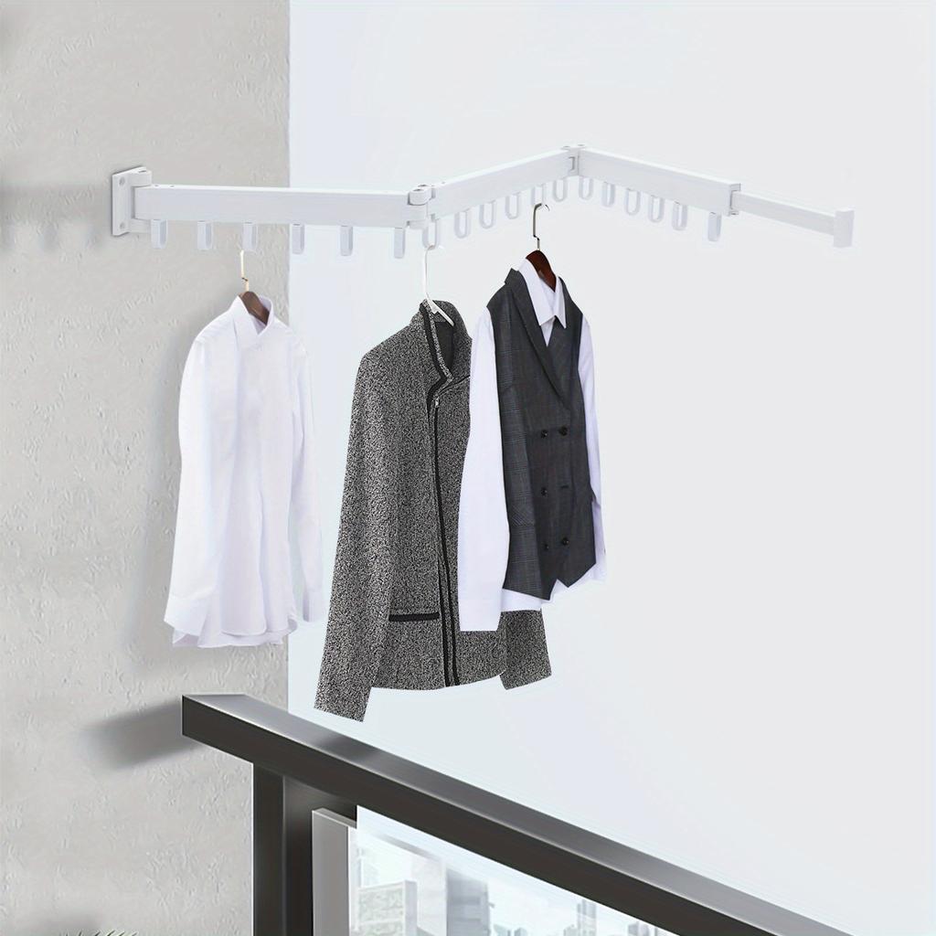 Tri-Fold Space Aluminum Wall-Mounted Drying Rack – 110 Lbs Load Capacity with 18 Hooks & Telescopic Hidden Rod – White