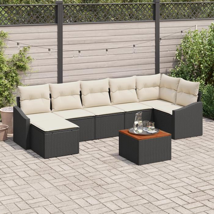 VidaXL Ensemble de Canapés de Jardin 8 pièces avec Coussins Noir Poly Rattan Acacia 3356528