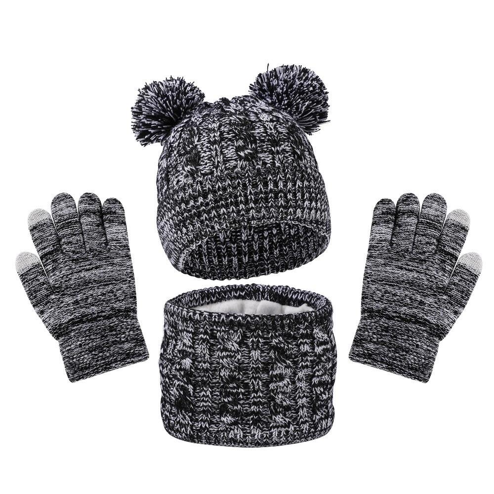 

Warm Ears Toddler Knitted Hats Cute Pompom Kids Hat Set Fashion Baby Hat Scarf Gloves Set Outdoor чёрный