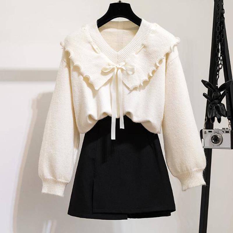 Bowknot V-Neck Cardigan Sweater Slip Dress Two Piece Set