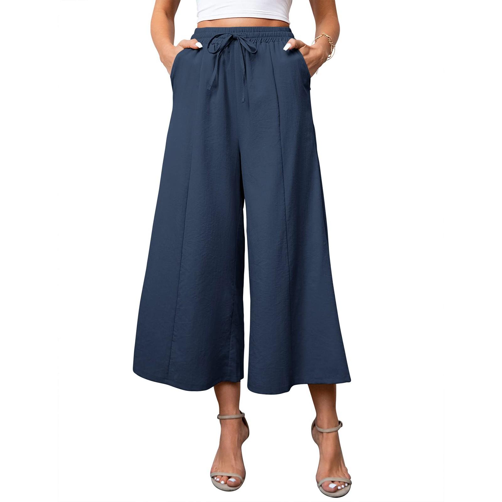 

Женские льняные брюки с широкими штанинами и шнурком, повседневные свободные укороченные хлопковые пляжные брюки с эластичной резинкой на талии, брюки-кюлоты M