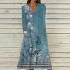 Women's Summer Casual V-Neck Button Vintage Floral Print Three-quarter Sleeve Long Dress With Pockets