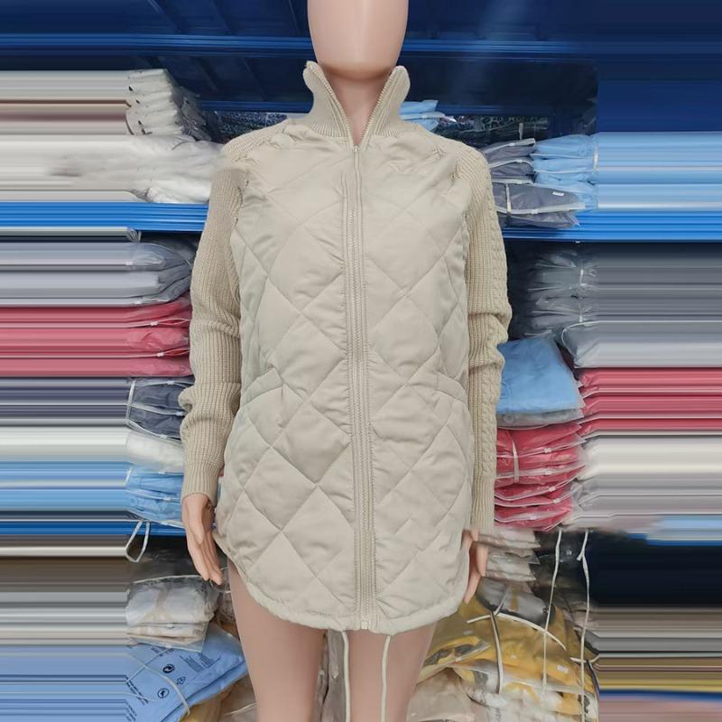 Women's OverSize Loose Cotton Parka Quilting Design Spliced Knitted Long Sleeve Zipper Stand Up Collar Thin Coat Drawstring Hem Overwear Autumn Winter