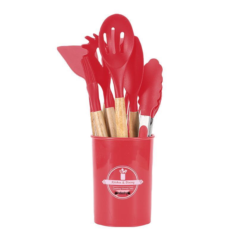 12dílná silikonová sada kuchyňského náčiní s dřevěnými rukojeťmi a úložným kbelíkem