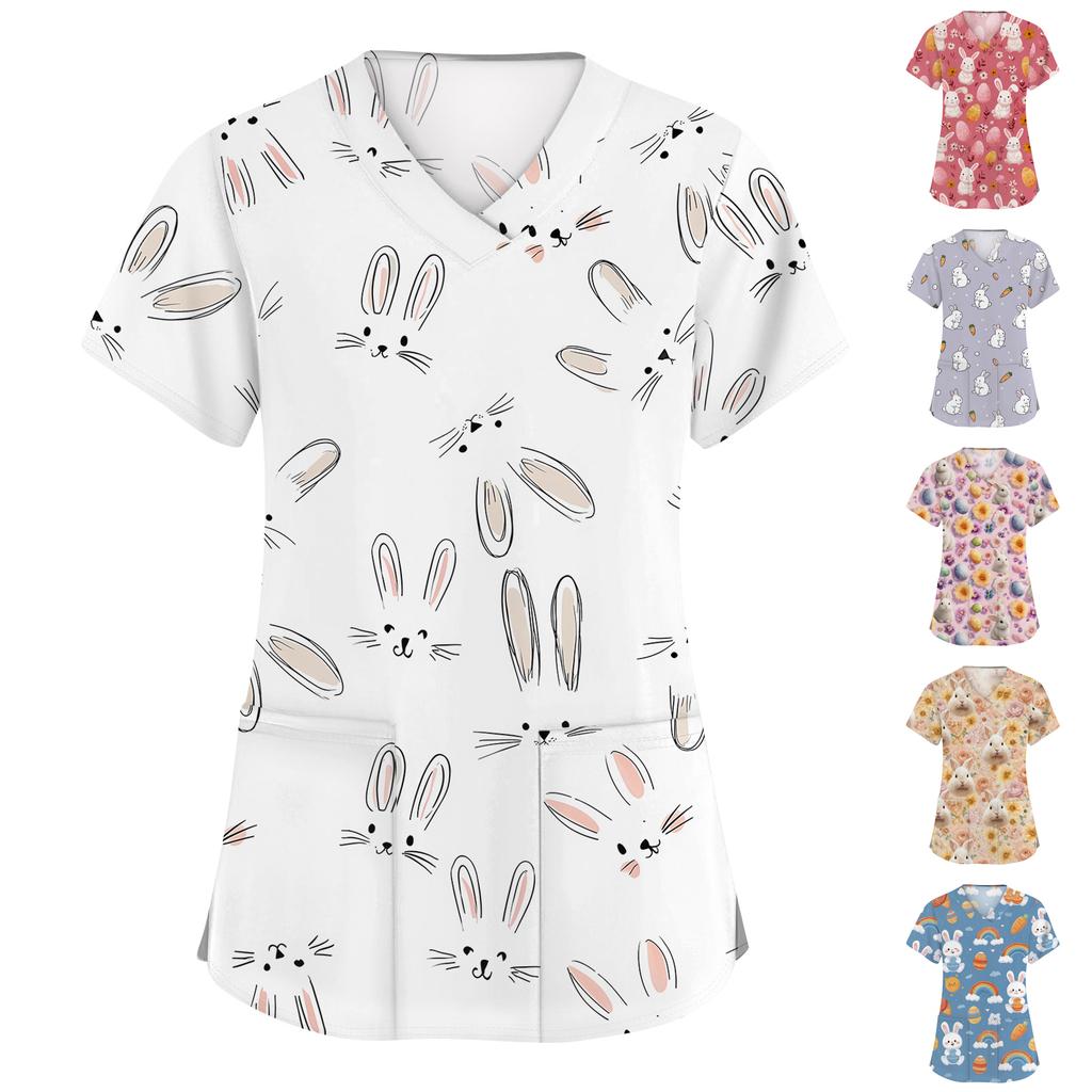 Moda damska Odzież robocza z dekoltem w serek i krótkimi rękawami z kieszeniami Topy z nadrukiem