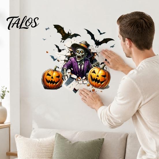 Self Adhesive Holiday Wall Art Halloween Zombie Pumpkin Bat Stickers, Waterproof PVC 3D Cracked Decals, Peel Durable Window Decals for Home And Stick