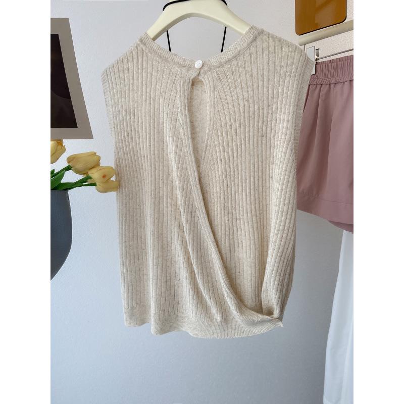 Women's French Sleeveless Knit Camisole - Open-Back Linen Tank Top for Summer