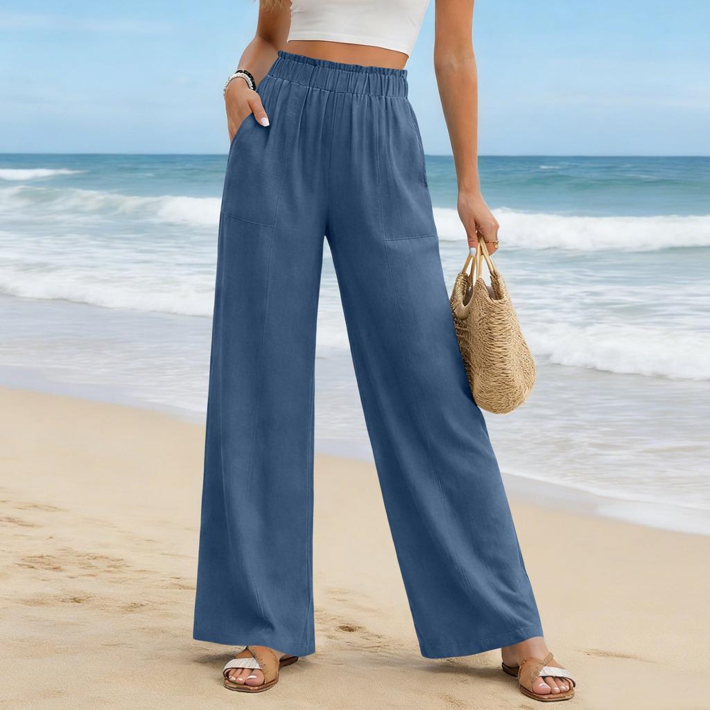 Women's Cotton Linen Pants Summer Wide Leg Casual Loose Drawstring High Waist Palazzo Pants Trousers With Pockets