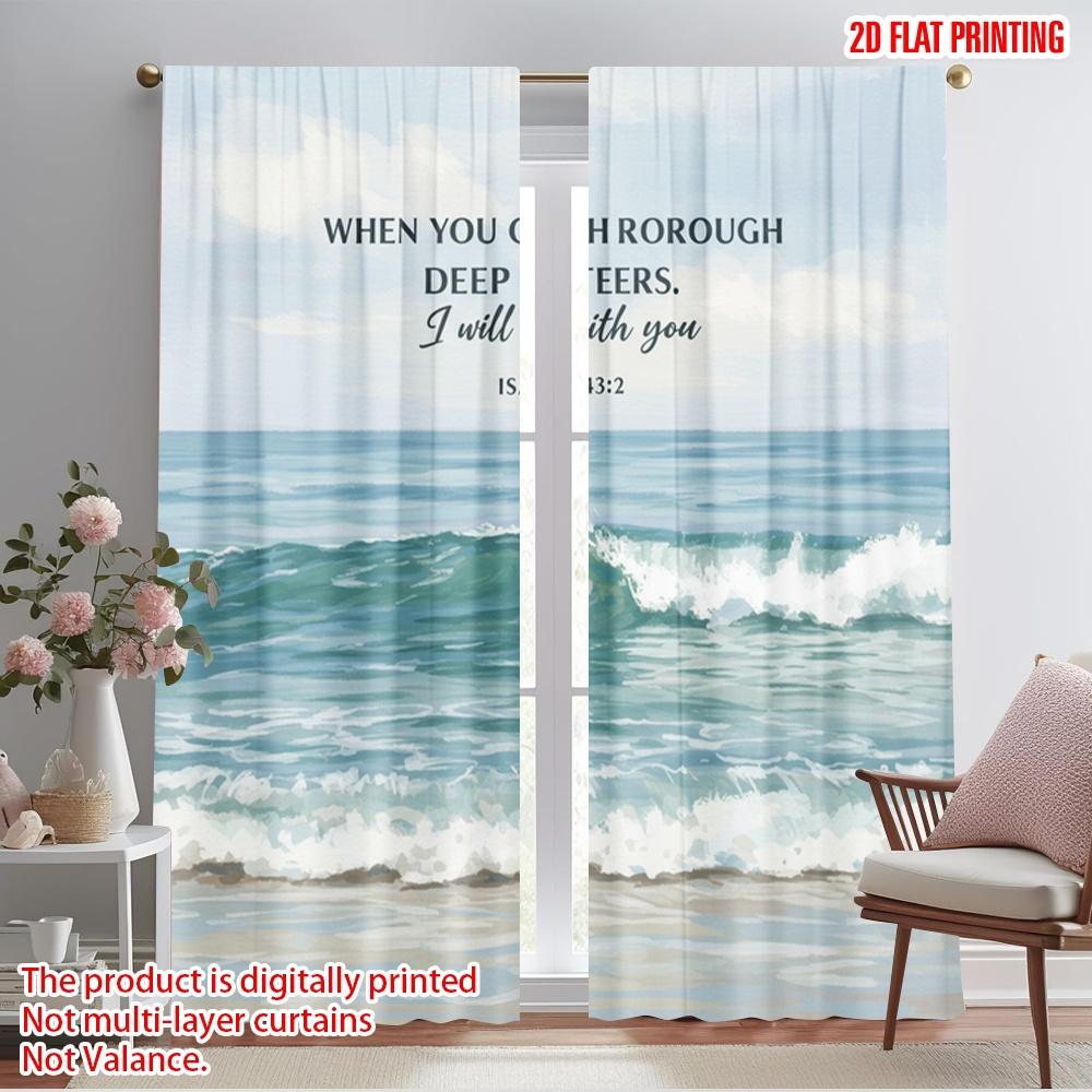 

2pcs 2D flat printing Curtain Ocean Waves Bible Verse 100% Polyester Fabric Without Electricity All Season Party & Holiday Decor 52.50×116.00 CM 2pcs