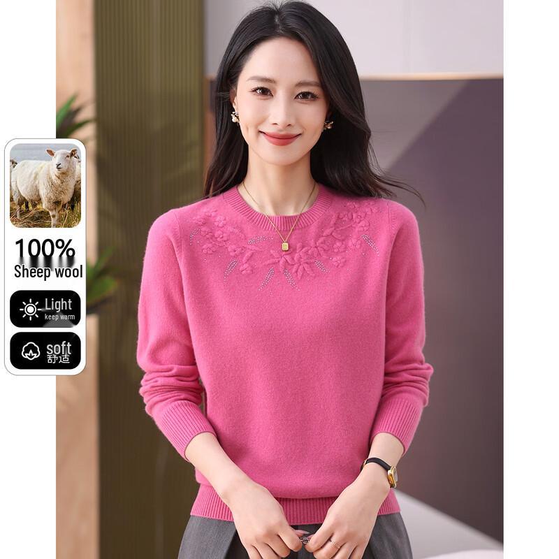 SNOWFLYING Women s 100% Merino Wool Round Neck Sweater with Crochet & Rhinestone Detail XL