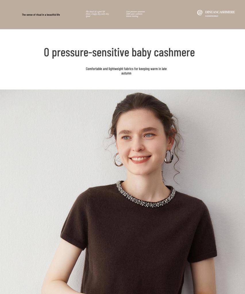 Women's Rhinestone Cashmere Sweater - Short-Sleeved, Skin-Friendly Knit, Round Neck, Perfect for Autumn/Winter.