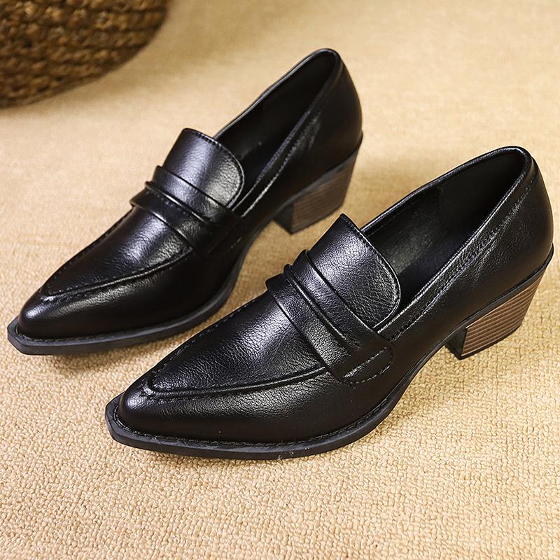 Fashion Women's Coarse Heel Shoes Spring New Sharp Head Deep Mouth Leather Anti-slip Waterproof Wear-resistant High Heels