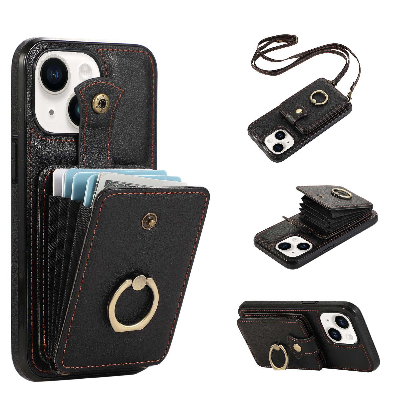 

For iPhone 15 Case Card Holder Ring Kickstand TPU+PU Leather Phone Cover with Long Strap Black