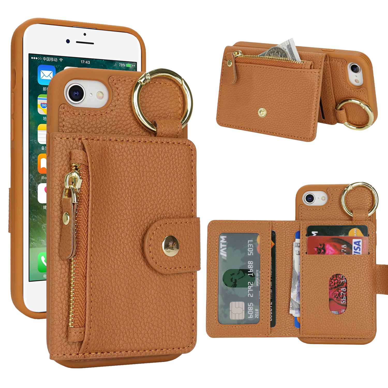 

For iPhone SE (2022)/(2020)/8/7 Case Litchi Textured PU Leather+TPU Kickstand Phone Cover with Card Slot Brown