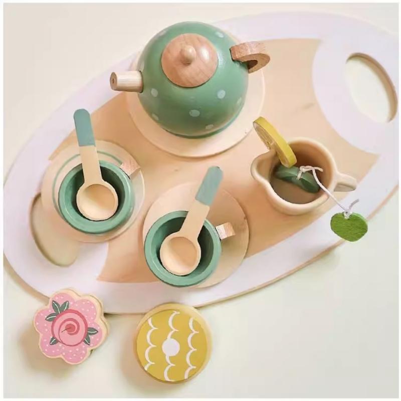 Wooden Kids Tea Set Pretend Play Food Kitchen Accessories Creative Imaginative Toy for Girls Birthday Tea Party Playroom