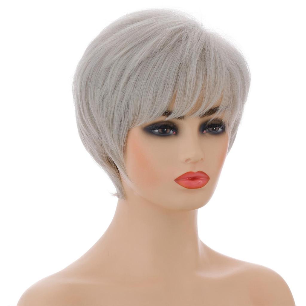 Peruci sintetice scurte de damă, gri argintiu, alb, cu breton, pentru femei, coafură pentru femei, par natural zilnic, ondulat, rezistente la căldură, peruci pentru mami