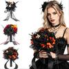 Faux Flower Bouquet Gothic Style Wedding Bouquets for Bride And Bridesmaid, Artificial Halloween Bouquet, Cobweb Arrangement Black Rose Blooms