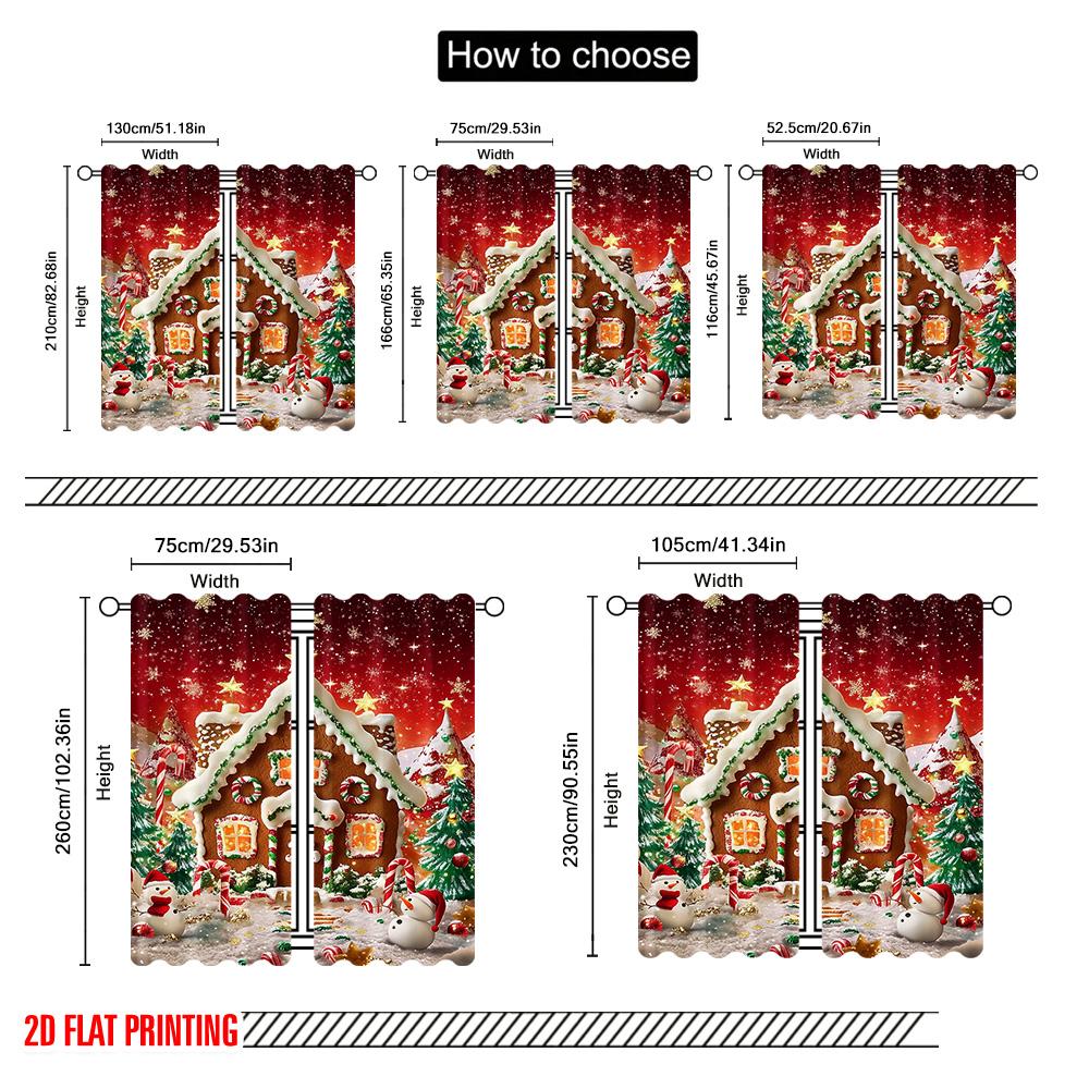 2pcs 2D Flat Printing Christmas Curtains Merry Christmas Gingerbread House with Santa Tree Lollipop Party Versatile Fabric