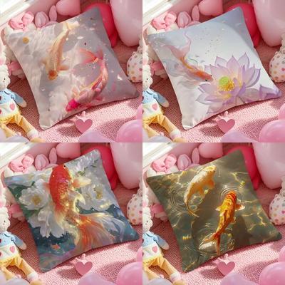Auspicious Koi Carp Lotus Flowers Cushion Cover Pattern Printed Pillowcase for Living Room Sofa Cushion Cover & Bedroom Decor