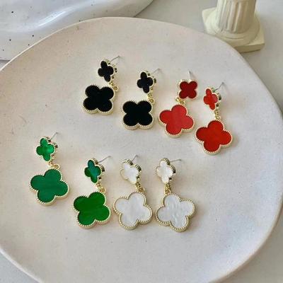 Lange klavertje vier oorbellen marmeren textuur plaat oorbellen temperament netto rode herfst en winter oorbellen