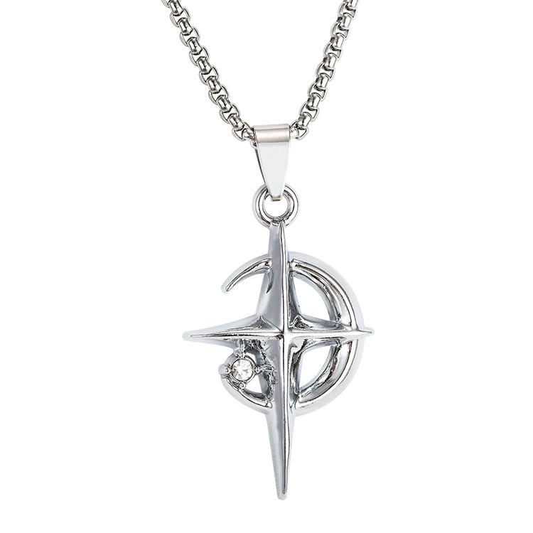 Europäische & Amerikanische Luxus Stern und Mond Galaxie Halskette mit vierzackigem Stern Anhänger und Kreuz Pullover Kette white