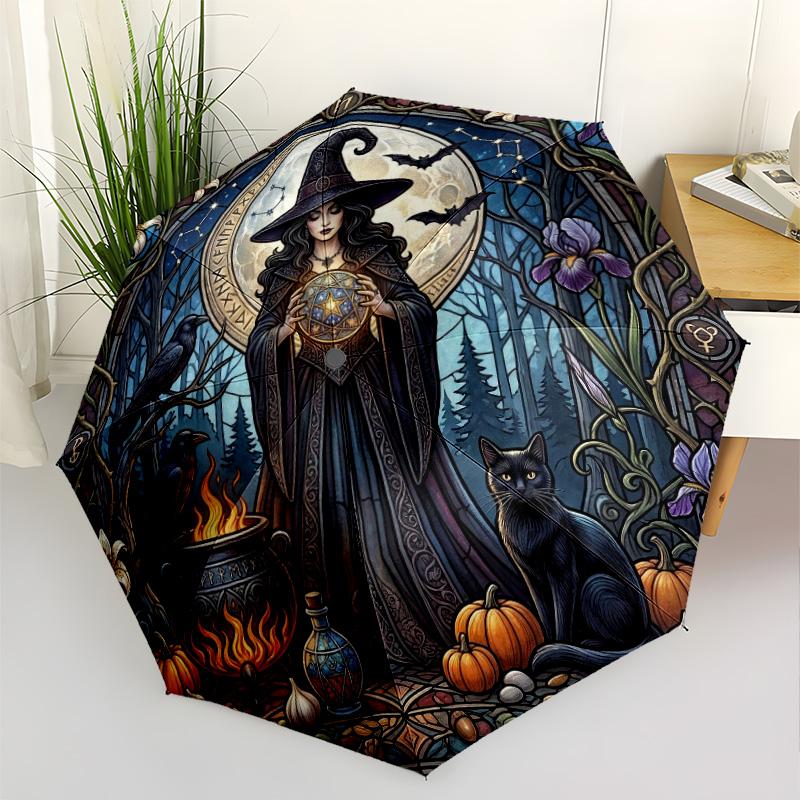 Witchcraft Halloween Magic Compact Travel Automatic Umbrella Folding Umbrella with 8 Ribs Lightweight for Women/Men Fashionable