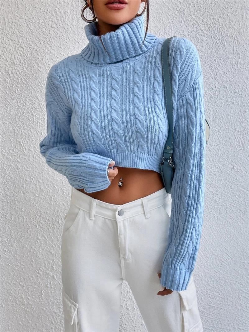 

2024 Autumn/Winter Women s High-Neck Cable Knit Pullover Sweater Medium синий
