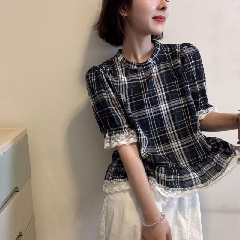 

Женская клетчатая блузка 2025 года в корейском ретро-стиле, с цветными блоками, пышными рукавами и кружевной отделкой M 90-115 lbs