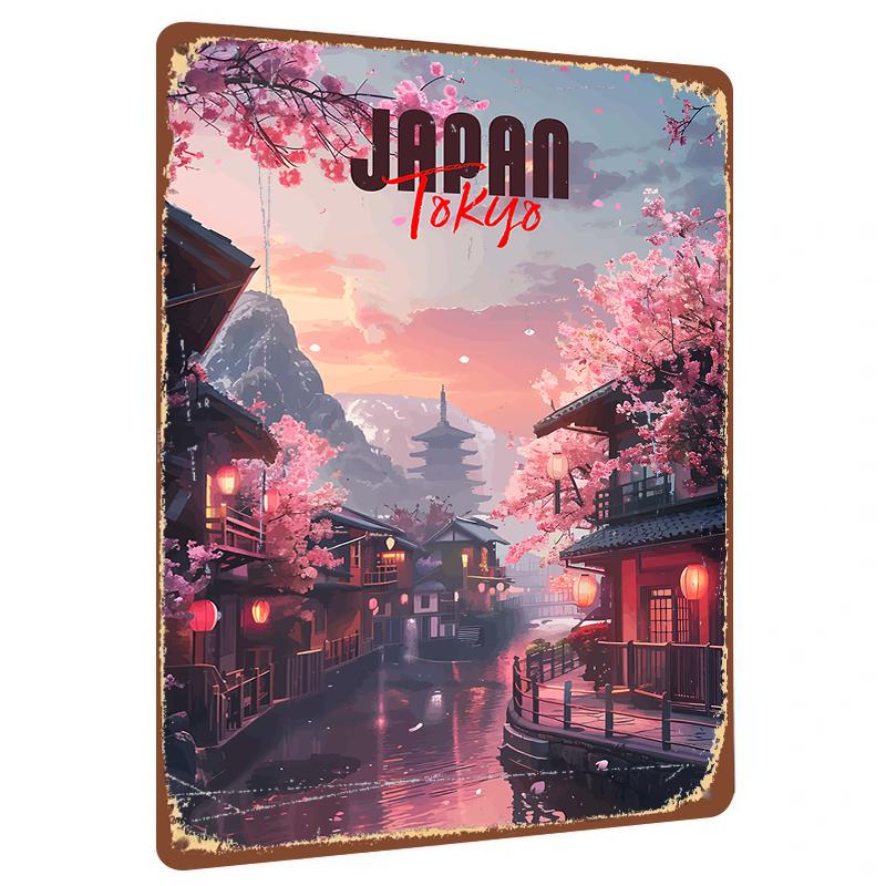 Japan Tokyo Traditional Street View with Cherry Blossoms and Pagoda Metal Wall Art 20x30cm（7.8x11.8inch）
