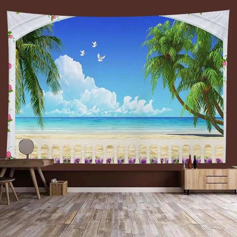 Window Sill Garden Beach View Large Tapestry Wall Hanging Bohemian Hippie Tapestry Room Aesthetic Living Room Home Decoration